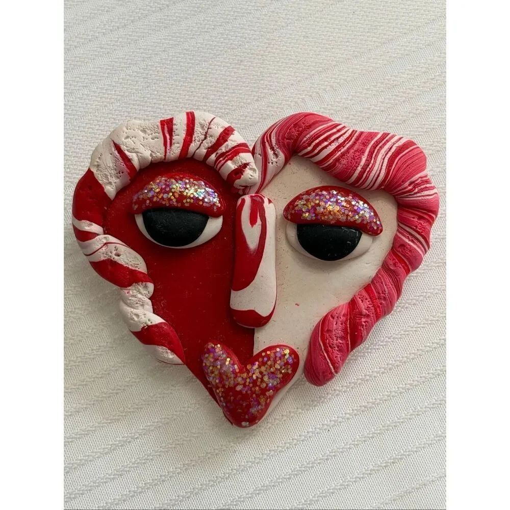 Abstract FaceāHeart Brooch Red Polymer Clay Glitter Eyes Art Unique Handmade